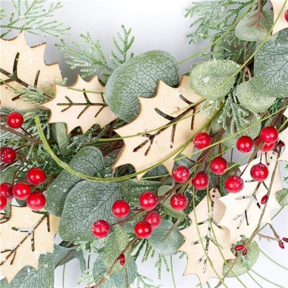 18" Christmas Wreath Traditional Pine Branches Wreath with Wood Leaves & Berries - Picture 4 of 5